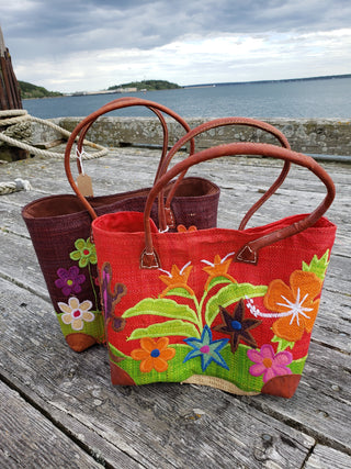 Floral Embroidered Woven Tote (Assorted Colors)