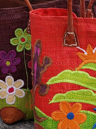 Floral Embroidered Woven Tote (Assorted Colors)